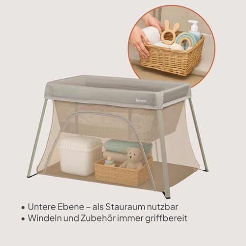 Lionelo Alice 3-in-1 Reisebett Laufgitter von 0 bis 15 kg Schaumstoffmatratze, 2 Höhenstufen, faltbar, klein, leicht, Seiteneinstieg, Reisetasche