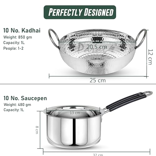 Image of Parage 2 Pieces Stainless Steel Hammered Kadhai & Sauce Pan with Heavy Bottom for Kitchen /Utensils, Cooking, Deep Frying | Gas Stove Friendly Cookware (Capacity-1.2 LTR & 1 LTR, Silver)