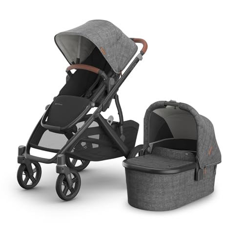 UPPAbaby Vista V3 Stroller + Bassinet V3 - Convertible Single-To-Double Stroller System- Bassinet, Toddler Seat, Bug Shield, Rain Shield Included-Greyson (Charcoal Mélange/Carbon Frame/Saddle Leather)