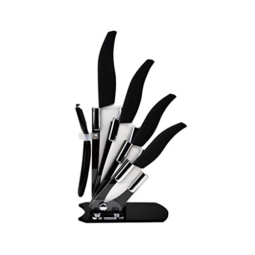 CEPPI COLTELLI LAME IN CERAMICA SET 6 PEZZI ANTIADERENTI CON CEPPO ESPOSITORE CUCINA (Manico nero)