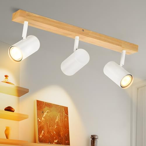 Glitzerlife Deckenstrahler 3 Flammig Deckenleuchte Wei&szlig; - Holz Vintage Deckenlampe GU10 Deckenspots Modern Schwenkbar 350&deg; Flurlampe f&uuml;r Schlafzimmer Wohnzimmer Arbeitszimmer Esszimmer K&uuml;che
