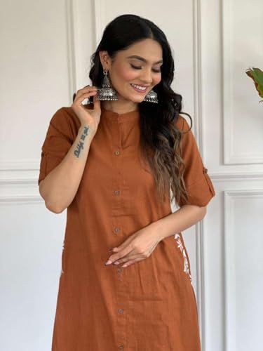 Image of Women's Cotton Embroiderd Long A-Line Kurti with Palazzo