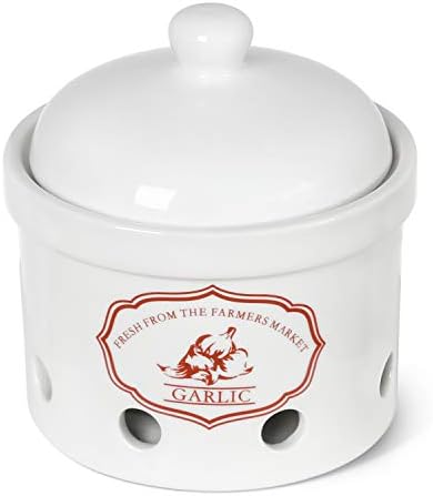 LE TAUCI Garlic Keeper, 5 Inch Vented Ceramic Storage Container holder, Reserve for Garlic, Onion, Lemon, Patato, Ginger or Shallots, 1 Pack, White