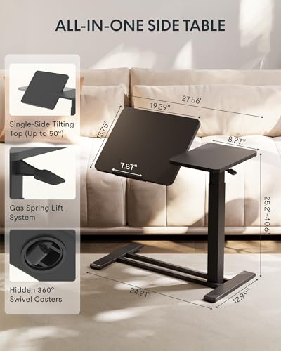 Image of FLEXISPOT Adjustable Height C-Shaped End Table with Single-Side Tilting Top, Mobile Side Table for Sofa & Bedside, Slides Under Furniture, Hidden Wheels for Small Spaces, 27.6 inch W x 15.7 inch D, Black