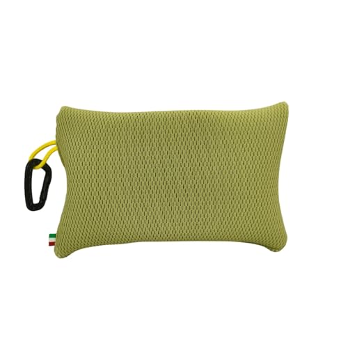 TAKIMED Strand- en saunakussen, gemaakt in Italië, ergonomische ondersteuning voor rug en nek, zwevend, sneldrogend, met karabijnhaak, ontspanning op het strand, zwembad of sauna (groen)