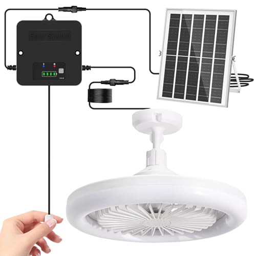 APILAB Solar Ceiling Fan with Light Indoor Outdoor Daytime Available Solar Shed Fan Light with Pull String 3-in-1 Modes IP65 Waterproof for Gazebo Shed Barn Patio Chicken Coop