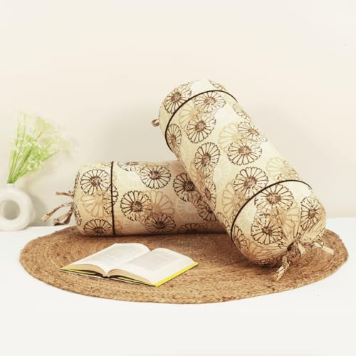 Image of AURAVE Cotton 144 TC Printed Bolster Cover with Drawstring Closure, Set of 2, Soft Breathable Durable Machine Washable for Sofa Bed & Home Decor, 15 inchx30 inch, Light Brown | Cover Only