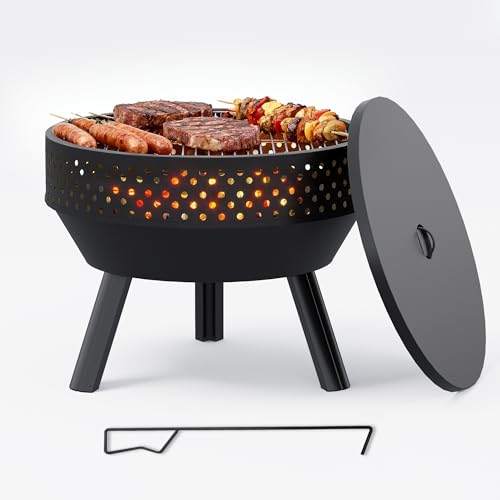 Wakeyard Braciere da Esterno 21 Pollici con Griglia, Braciere da Giardino Versatile Portatile a Legna con Borsa Impermeabile e Attizzatoio, Focolare da Esterno, Falò e Campeggio, Ciotola per Barbecue