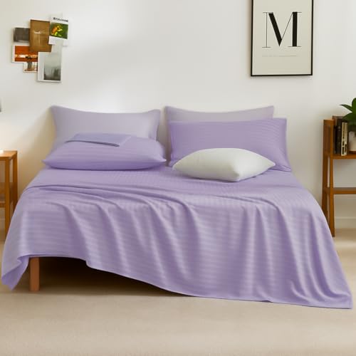 Image of Sofrito Bed Sheet Glace Cotton Striped - 300 TC - Small Single (54 inchx90 inch) - with 1 Pillow Cover | Ideal for Hospitals, Clinics, Hostels, PGs, Hotels & Guest Houses | Lavender