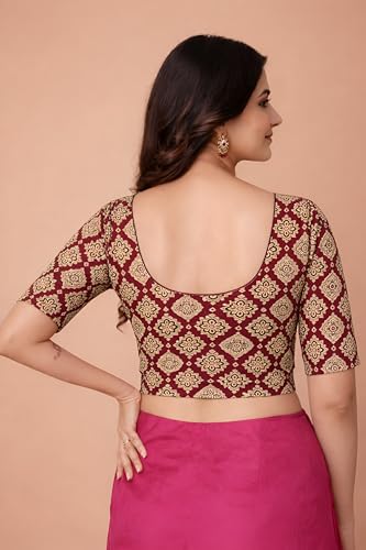 Image of Amazon Brand - Anarva Women's Kalamkari Print Cotton Stretchable Round Neck Readymade Saree Blouse