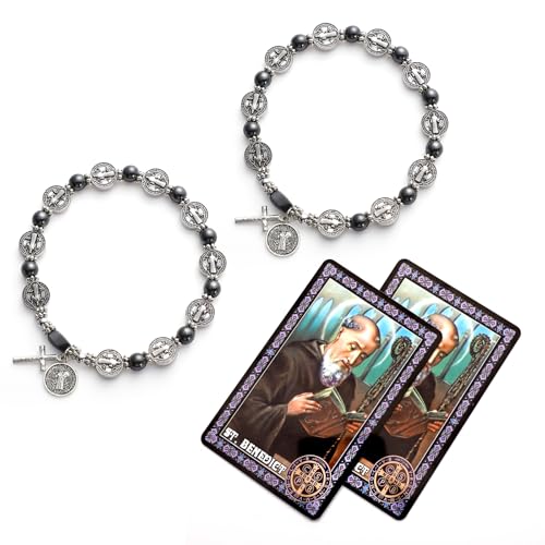 2 Pcs St Benedict Bracelets with Saint Benedict Medals and Crucifix,Catholic Rosary Bracelet with Prayer Card for Women Men Gift,Medalla De San Benito Rosary Jewelry