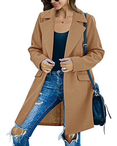 Fazortev Womens Casual Long Sleeve Wool Blend Pea Coat Lapel Notched Collar Warm Midi Jacket Overcoat #TOP1