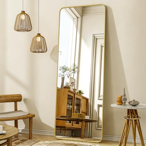 56"x21" Floor Full Length Mirror Standing Full Body Rounded Corner Rectangle Mirrors with Stand Hanging Wall Mounted Leaning Bedroom Living Room Bedroom Cloakroom,Gold