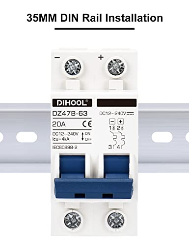 Dihool Miniature Circuit Breaker 20 Amp 2P Dc Solar Disconnect Switch 12-240Volt For Pv Solar, Ups, Rv Battery, Din Rail Mount, Overload Protection #TOP5