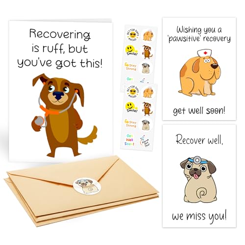 Only Zest 3 Funny Get Well Soon Cards Assortment with Envelopes – Feel Better Sympathy and Recovery Greeting Card Box for Women and Men – Bulk Encouragement Gift Set, Large 5 x 7 Inch