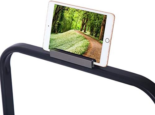 Close-up of the mobile device holder on the Unicview RB700 treadmill's handlebar, with a tablet placed in it.