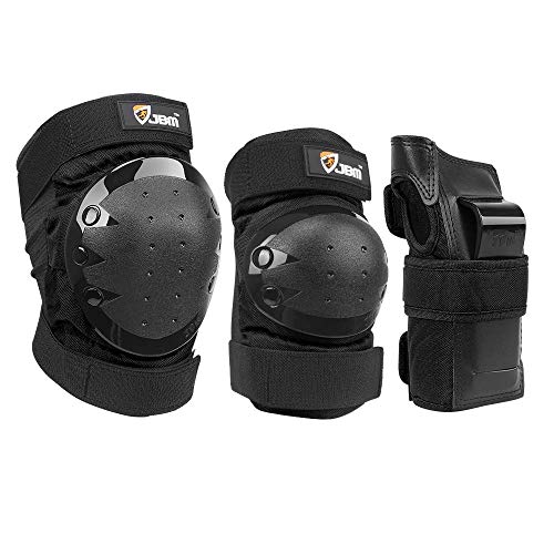 JBM international Adult Knee Pads Elbow Pads Wrist Guards 3 In 1 Protective Gear Set For Multi Sports Skateboarding Inline Roller Skating Cycling Biking BMX Bicycle Scooter (Black, Large)
