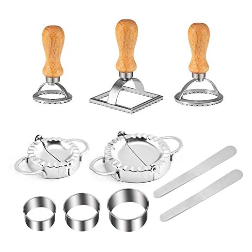 Ravioli Stamp Maker Cutter Set 10Pcs Mold with Wooden Handle, Fluted Edge and Dumplings Maker Sets, Pasta Kitchen Attachment