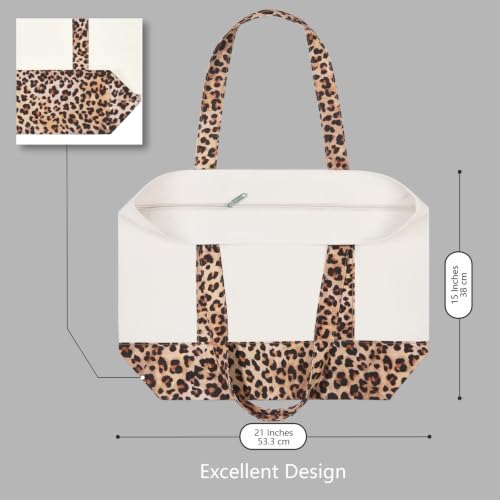 Image of TOPDesign 1-Pack Canvas Tote Bag with an External Pocket, Reusable Grocery Shopping Bag, Top Zipper Closure, Daily Essentials (Leopard /Natural)