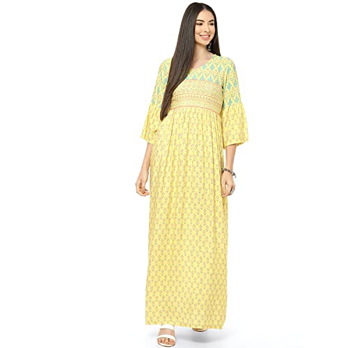 Image of Rangriti Yellow Viscose Flared Dress for Women