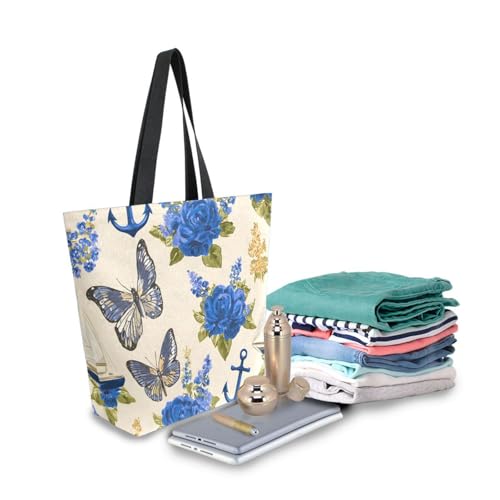 Extra Large Shoulder Tote Bag for Beach Travel Weekender Gym Ancho R Flowers Pattern Blue Beige Reusable Grocery Canvas Shopping Bag3