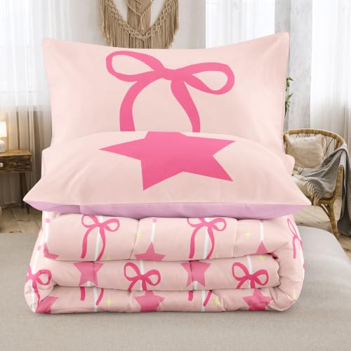 Image of NINENINE Pink Bow Star Comforter Sets, Sweet Galaxy Space Bedding 5PCS Twin Size Comforter Sets for Girls (1Comforter, 1Flat Sheet, 1Fitted Sheet, 2Pillowcases)