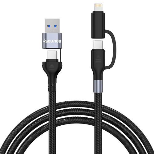 Image of Sounce 4-in-1 Fast Charging Cable USB-A to Type-C & Lightning, 60W /3A PD Power Delivery, 480Mbps Data Transfer, Swappable Charging Heads, Universal Multi-Device Compatibility Black (1.5m)