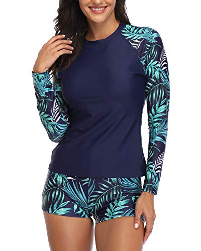Daci Women Rash Guard Long Sleeve Swimsuits UV UPF 50+ Swim Shirt Bathing Suit with Built in Bra Blue Leaf XL