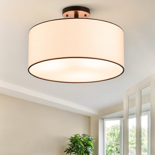 Image of VONLUCE Semi Flush Mount Ceiling Light 18 inch, 3-Light Drum Light Fixture | White Diffused Drum Shade with E26 Sockets, Lighting Fixtures for Hallway, Entryway, Bedroom, Black Finish, ETL Certified