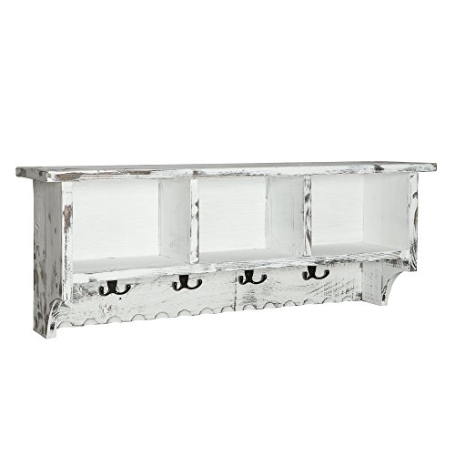 Rustic Cottage Wall Shelf with 8 Coat Hooks and 3 Storage Cubbies, White