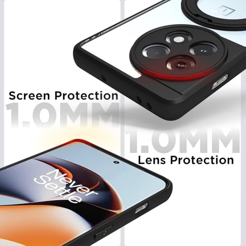 Image of RIGGEAR Shockproof Sleek Hybrid Armor 360 Rotating Magnetic Ring Stand Back Cover Case Compatible with MagSafe Accessories for OnePlus 11R (Clear PC + Black TPU Bumper)