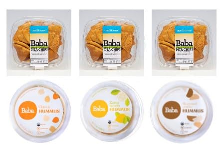 Baba Hummus orgánico (paquete de 6) Sin conservantes, USDA orgánico, sin gluten, vegano, sin OMG, sin colesterol (más vendidos + chips de pita)