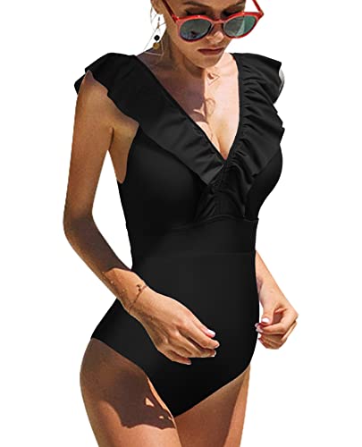heekpek Conjuntos de Bikinis Traje De Baño Rayas de Una Pieza Bañador para Mujer Push Up Bikini Volante Fruncido V para Saco Tanga De Cintura Baja Adecuado Viajes Playa Swimsuit(2-Negro,XXL)