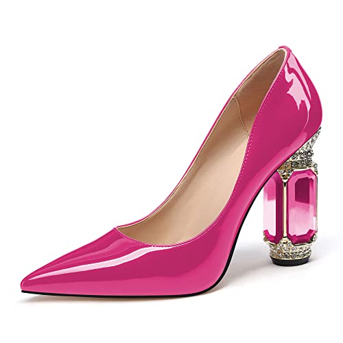 Image of JANSEVEN Women Chunky Heels Pumps Crystal Block Heels with Rhinestones Pointed Toe Sexy Gradient Patent Leather Slip on Bridal Party Wedding Dress Shoes 5-13 M US
