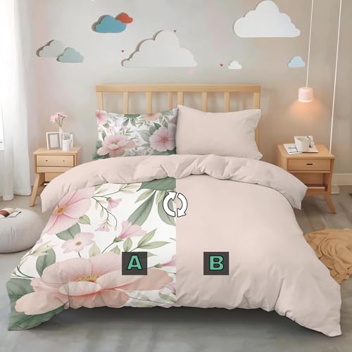 Parure de lit 220x240 fleurs romantiques avec housse de couette beige microfibre