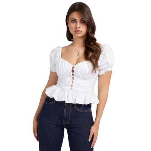 Guess Short Sleeve Meri Poplin Top Camicia, Bianco Puro, M Donna