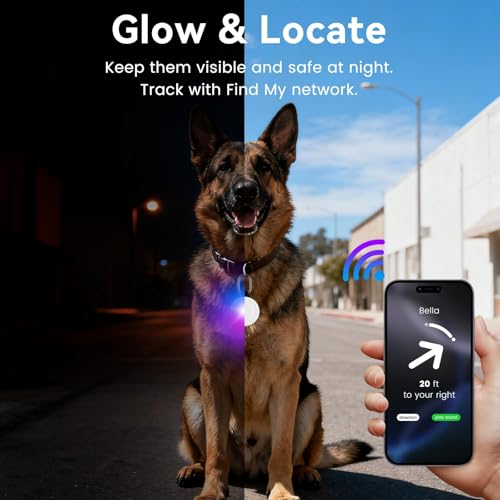 Hund Tracker, GPS Hunde Tracker mit Leuchten (nur iOS), 6 Modi IP68 wasserdichte Haustier Tracking Ausrüstung, Kompatibel mit Apple Find My-Ohne ABO