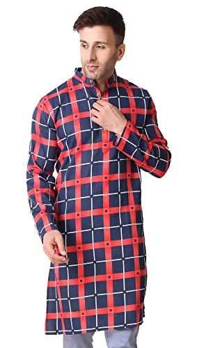 SKAVIJ Men's Printed Checkered Cotton Tunic Casual Kurta Shirt Great (Navy Red, X-Large)