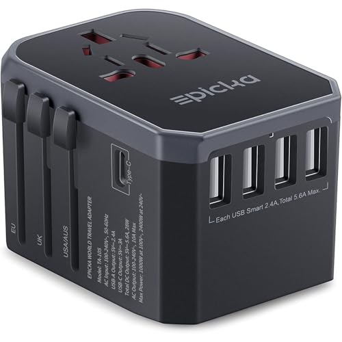 EPICKA Universal Travel Adapter, European Travel Plug Adapter (Not a Voltage Converter) – International Power Adapter Worldwide Charger with USB-C & 4 USB-A Ports, Travel Essentials (TA-105, Grey)