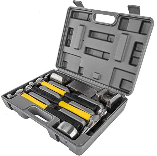 JEGS Auto Body Repair Kit | 7-Piece | Includes (3) Carbon Steel Hammer Heads With Fiberglass Handles, (4) Drop-Forged Steel Dollies, And Storage Case