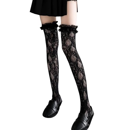 Image of Thigh High Stockings with Bow, Santa Accessory Y2K Fishnet Socks with Lace Brim Lingerie Tights for Women