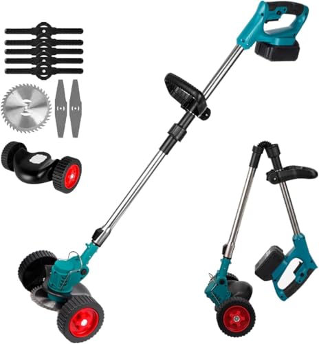 Desbrozadora Bateria 21V - Cortacésped Eléctrico De Altura Ajustable, Desbrozadora de Jardín Inalámbrica de Batería, Desbrozadora Electrica Plegable, para Céspedes y Jardin (2x12000mAh, Azul)