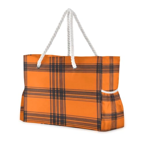Beach Bag - Large Tote Bags for Women Orange Black Checked Shoulder Bags Zipper Waterproof Sandproof for Travel Gym Swim Daily