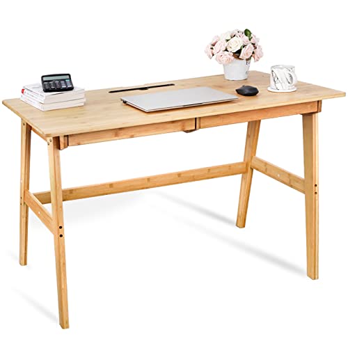Dicunoy Computer Desk with 2 Drawers, 46" Solid Bamboo Home Office Writing Desk for Small Space, Compact Simple Tables with Gap Design and Hook for PC, Laptop, Students, Study, Makeup, Bedroom