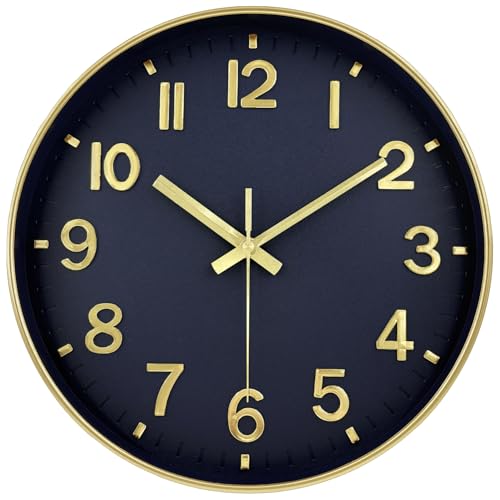 Image of Modern Wall Clock, 10 Inch Digital Wall Clocks Battery Operated, Round Non Ticking Silent Analog Clock for Bedroom Living Room Kitchen Office Gym Classroom Decor, Gold Navy Blue Battery Clock