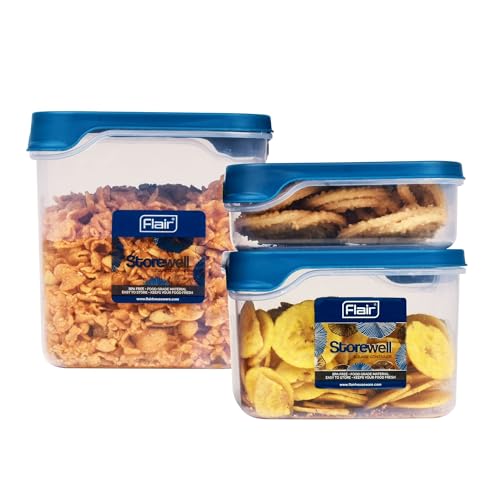 Image of FLAIR Storewell Square Plastic Food Storage Container Set, Airtight Kitchen Containers for Rice, Atta & Grains, BPA-Free, Food Grade Storage Boxes (Blue, Set of 3 (.55L, 1.15L, 1.8L))