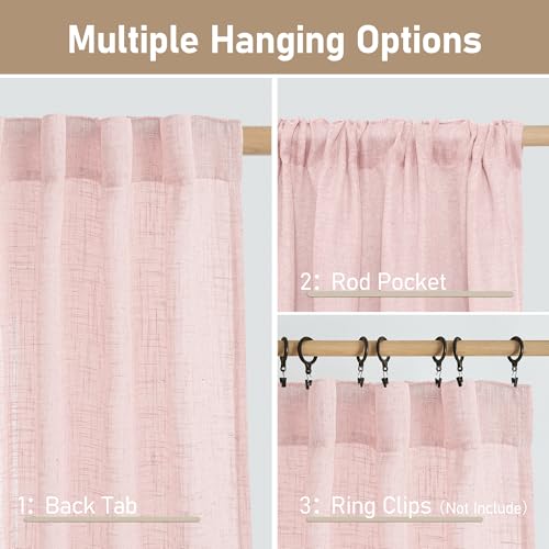 LAMIT Short Linen Curtains 30 Inch Length for Cafe, Semi Sheer Light Filtering Panels Back Tab and Rod Pocket Country Decor Drapes for Basement/Small Window, Pink, 2 Panels, 34 x 30 Inch