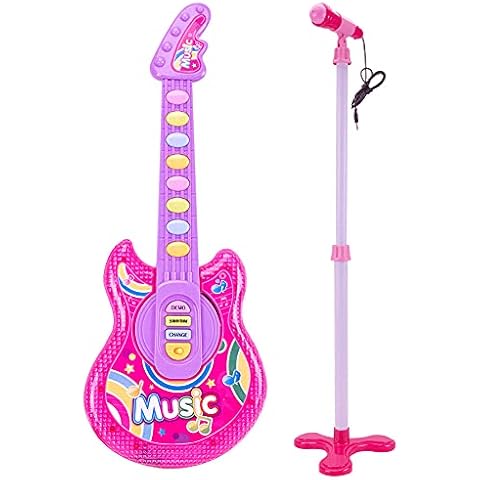 Coherny Microphone Guitar Musical Set for Kids Guitar Toy with Microphone Electric Guitar with Music Lights and Sounds Multiple Modes for Boys and Girls Gift Kits 19Inch (Pink) Cover