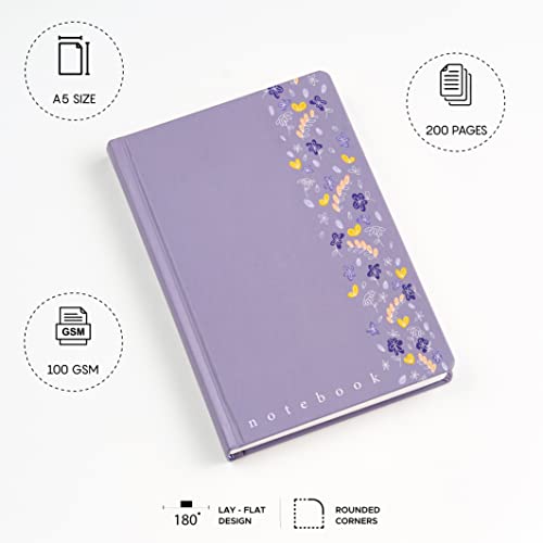 Image of Factor Notes Hardbound Notebook: 100 GSM Ivory Shade Paper, Lay-Flat Journal Diary, 3 Bookmarks, Inner Pocket, A5 Size, 200 Pages (The Lavender Wildflower - Dot Grid)