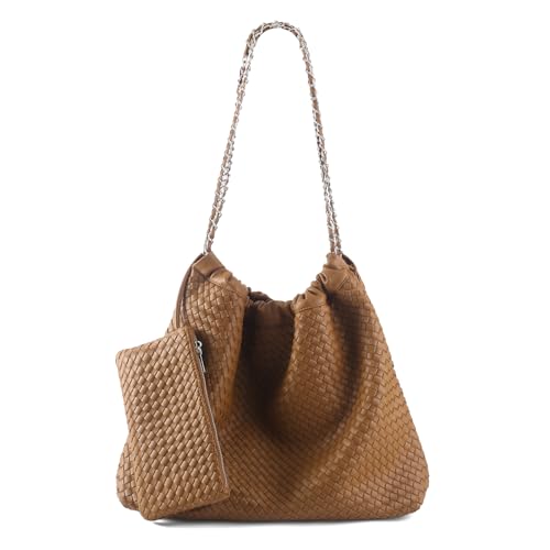 LIKEBAG Drawstring Bag for Women Leather Tote Large Capacity Travel Handbag and Purse Foldable Handmade Woven Shoulder Bag (Brown)